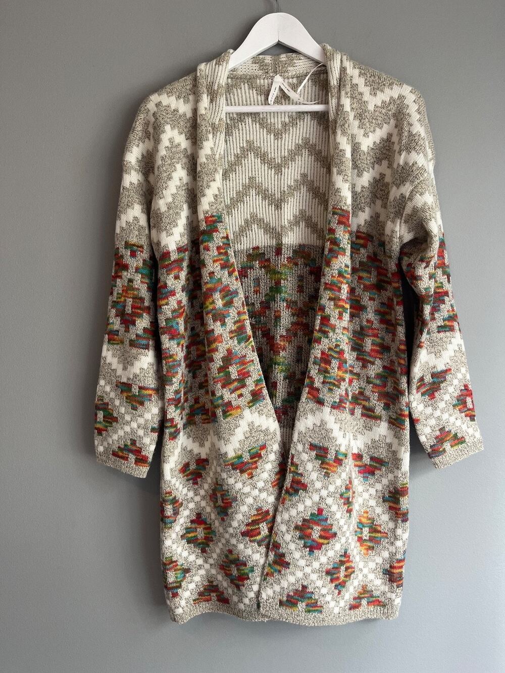 Dreamers by Debut NWT Aztec Fair Isle Hooded Cardigan Duster Multicolor M Boho
